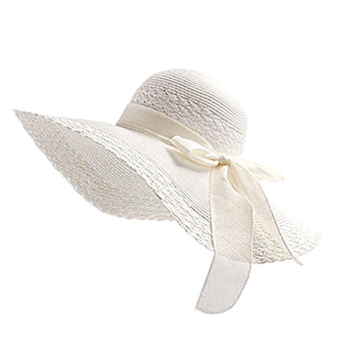 Da.Wa Sombrero de verano para mujer, sombrero de paja tejido, sombrero de playa, plegable, lazo, decoración (blanco)