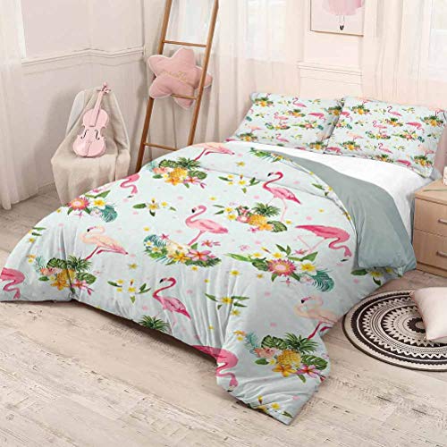 DayDayFun Juego de edredón de 3 Piezas Patrón de Flamenco Funda de Cama Flamingo Bird Flores Tropicales Frutas Pines Arte de Estilo Vintage Tamaño Completo Amarillo Verde Rosa pálido