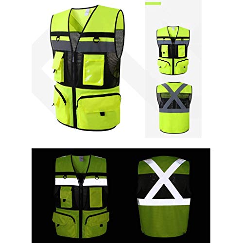DBSCD Chaleco de Seguridad para Hombres, Chaleco Reflectante Chaleco de Seguridad Jersey Multibolsillos Chaleco de Alta Visibilidad Nocturno (Amarillo Fluorescente, L)