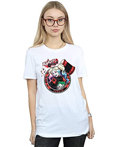 DC Comics Mujer Harley Quinn Joker Patch Camiseta del Novio Fit Blanco Large