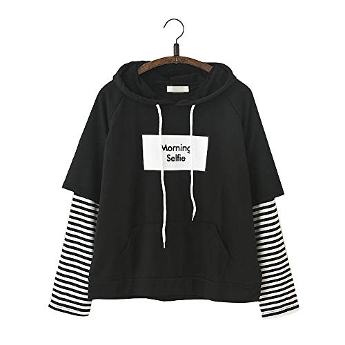 De Moda Ulzzang Moda Estético Punk Mañana Selfie Texto Rayas Mangas Modelo Capucha Chaqueta Pull-Over