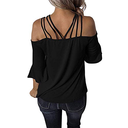 Decai Verano Camisas de Hombro Frío Blusas Tops Chaleco de Manga Corta Túnica Tops Casual Camiseta de Tirantes para Mujer Señoras Blusa Sólida Correa Suelta Columpios Negro 38-40 EU