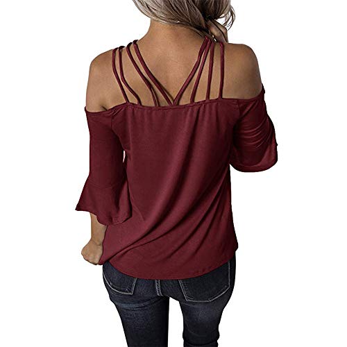 Decai Verano Camisas de Hombro Frío Blusas Tops Chaleco de Manga Corta Túnica Tops Casual Camiseta de Tirantes para Mujer Señoras Blusa Sólida Correa Suelta Columpios Negro 38-40 EU