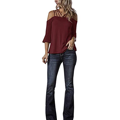 Decai Verano Camisas de Hombro Frío Blusas Tops Chaleco de Manga Corta Túnica Tops Casual Camiseta de Tirantes para Mujer Señoras Blusa Sólida Correa Suelta Columpios Vino Rojo 38-40 EU