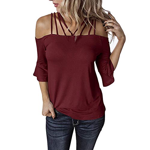 Decai Verano Camisas de Hombro Frío Blusas Tops Chaleco de Manga Corta Túnica Tops Casual Camiseta de Tirantes para Mujer Señoras Blusa Sólida Correa Suelta Columpios Vino Rojo 38-40 EU