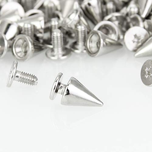 DECARETA 100 Piezas Remaches Punk Plateado,Cono Picos con Tornillo,Remaches Tachuelas DIY Craft Cool Punk Para la Decoración en Bolsas de Bricolaje Pulseras de Cuero Ropa Zapatos Etc (Silver)