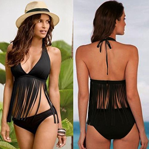 DEELIN Bikini De Flecos Atractivo Sin Espalda Estampado De Las Mujeres (L, Negro)