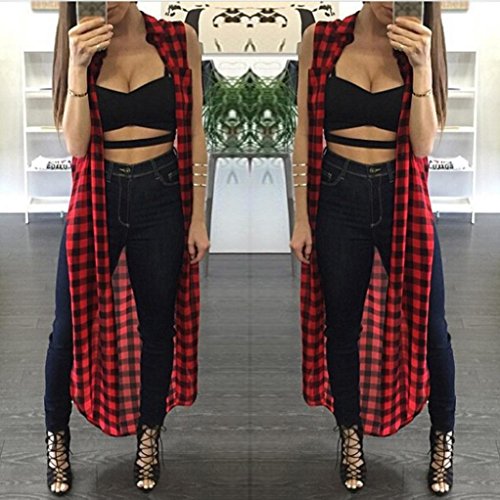DEELIN Camisa Sin Mangas Larga De La Tela Escocesa Roja De La Manera De Las Mujeres Camisa Chaqueta Superior De La Rebeca del Verano (S, Rojo)
