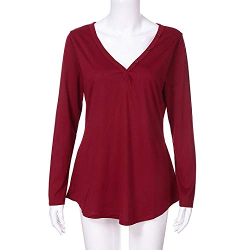 DEELIN Las SeñOras De Moda De OtoñO E Invierno De Las Mujeres De Color SóLido De Moda Salvaje BotóN De Manga Larga con Cuello En V Camiseta Camiseta Superior (XL, Rojo)