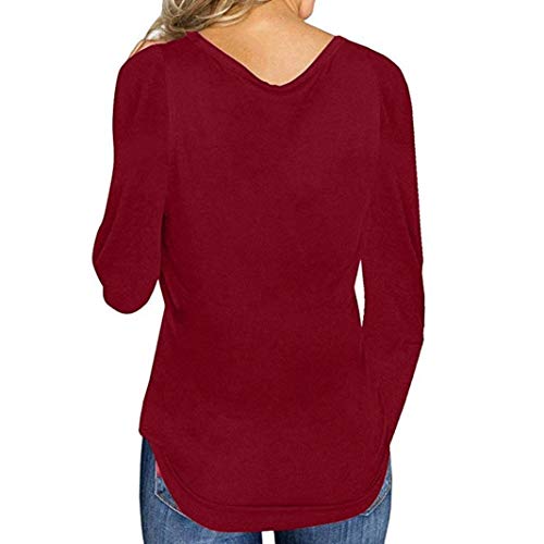 DEELIN Las SeñOras De Moda De OtoñO E Invierno De Las Mujeres De Color SóLido De Moda Salvaje BotóN De Manga Larga con Cuello En V Camiseta Camiseta Superior (XL, Rojo)