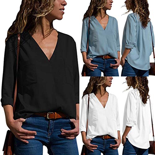 DEELIN Moda Casual OtoñO OL De Las Mujeres OL Viento De Manga Larga con Cuello En V De Color SóLido Bolsillo Camiseta Tops Camisa Negro/Blanco/Azul De Las Mujeres (L, Negro)
