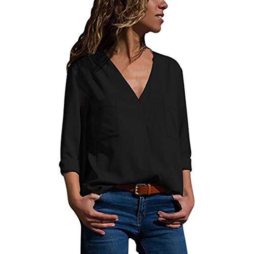 DEELIN Moda Casual OtoñO OL De Las Mujeres OL Viento De Manga Larga con Cuello En V De Color SóLido Bolsillo Camiseta Tops Camisa Negro/Blanco/Azul De Las Mujeres (L, Negro)