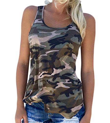DELEY Mujer De Verano Suelto Militar Casual Estilo de Camuflaje sin Ejercicio Chaleco de Tanque Camiseta Blusa Tops Verde Talla M