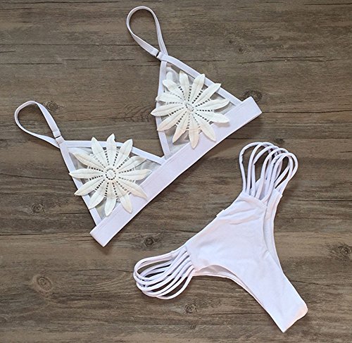 DELEY Mujeres Malla Traje De Baño Triángulo Bikini Brasileño Bordado De Flores Hueco Tangas Swimsuit Blanco Tamaño XL