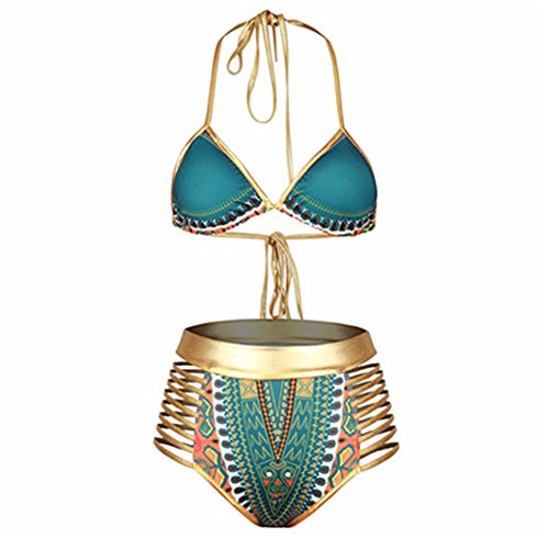 DELEY Mujeres Oro Vendaje Cintura Alta Vintage Etnico Estampado Bikini Brasileño Traje De Baño Ropa De Baño Swimwear Swimsuit Verde A Tamaño S