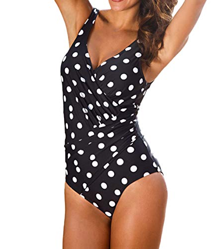 DELEY Traje de Baño de Una Pieza Acolchado Monokini para Mujer Ropa De Baño Talla Grande Bikini de Control de Abdomen Lunares Tamaño 5XL