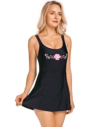 DELIMIRA - Bañador con Falda Traje de baño de Una Pieza Plus Talla para Mujer Negro 52