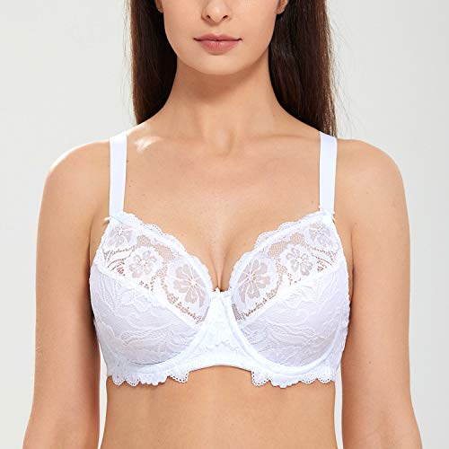 DELIMIRA Sujetador con aros para mujer en tela suave con elegante encaje blanco, talla EU 90 F