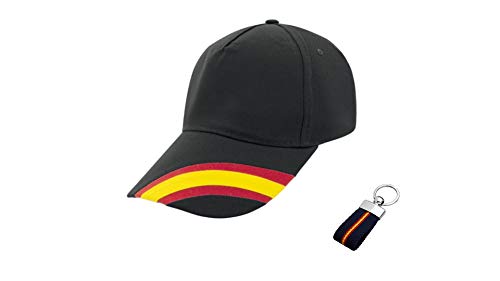 Desconocida Gorra Negra Bandera España Regulable Hombre y Mujer Incluido Llavero Lona Bandera de España a Juego. Accesorio Deportivo Padel, Golf, Tenis, Vestimenta Casual Unisex.