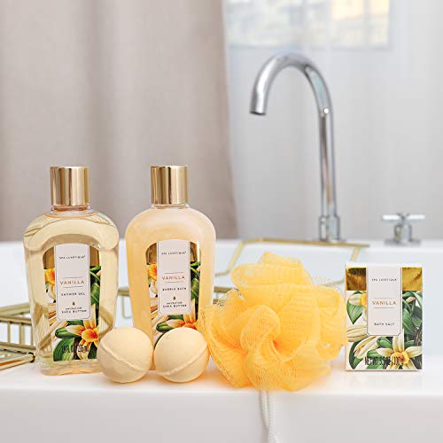 Descuento-Set de Spa para el Hogar a Vainilla,Set de Regalo de Baño con Bañera,Regalos Pequeños para Mujer,Set de Baño y Ducha con 8 Piezas, Incluye Gel de Ducha, Baño de Burbujas, Esponja de Baño