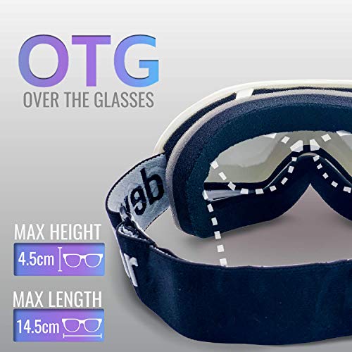 devembr Gafas de Esquí y Snowboard, Gafas Ski Mujer/Hombre, Gafas Nieve OTG,Anti-Niebla, Gafas Ventisca para Snowboard,Esquí,Skating y Otros Deportes de Nieve, Marco Blanco, Lente Colorida (VLT 20%)