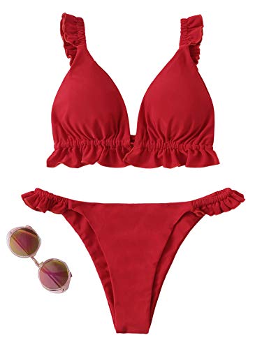 DIDK Bikini Brasileños Sexy Mujer Conjuntos de Bikini Cintura Alta Volante Traje de Baño Bikinis Brasileños Tanga Rojo M