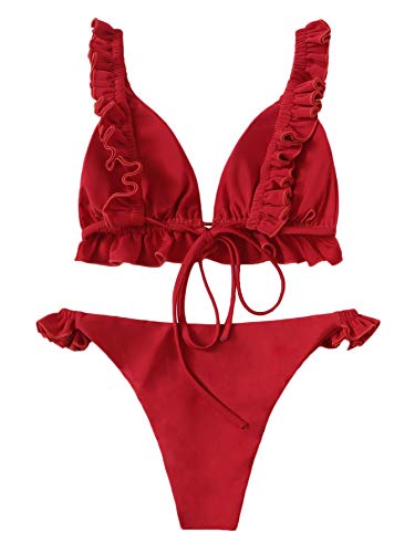 DIDK Bikini Brasileños Sexy Mujer Conjuntos de Bikini Cintura Alta Volante Traje de Baño Bikinis Brasileños Tanga Rojo M