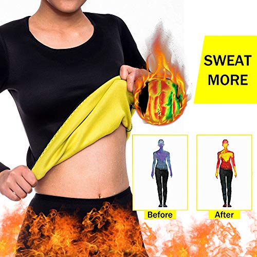 Dihope – Camiseta de compresión de neopreno para mujer, adelgazante, manga larga, para deporte, yoga, gimnasio, fitness, pérdida de peso Negro XXL