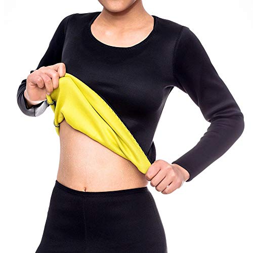 Dihope – Camiseta de compresión de neopreno para mujer, adelgazante, manga larga, para deporte, yoga, gimnasio, fitness, pérdida de peso Negro XXL