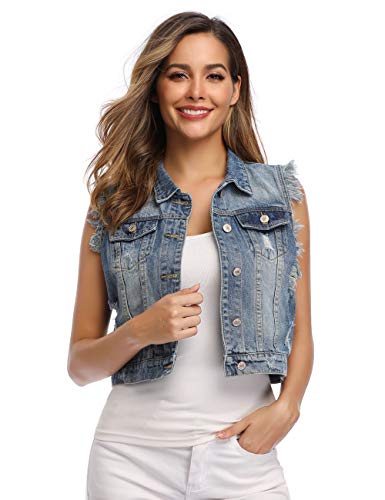 Dilgul Chaquetas de Mujer Chaleco Gilet Bolsillos Abotonado Sin Mangas Mezclilla Chaleco Roto Chaqueta Azul Claro X-Large