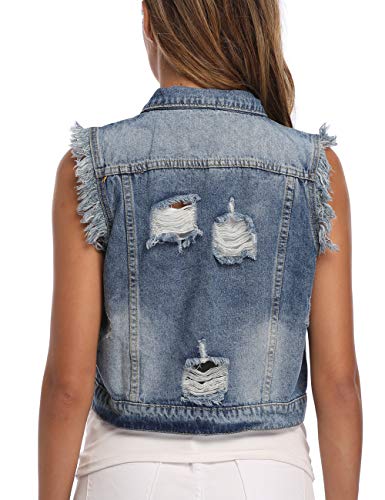 Dilgul Chaquetas de Mujer Chaleco Gilet Bolsillos Abotonado Sin Mangas Mezclilla Chaleco Roto Chaqueta Azul Claro X-Large