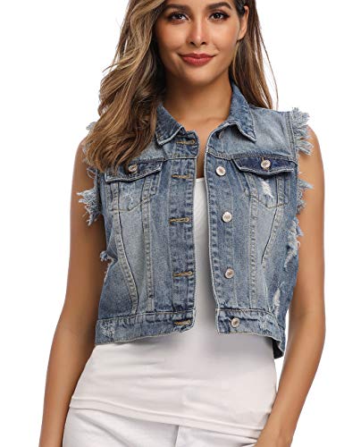 Dilgul Chaquetas de Mujer Chaleco Gilet Bolsillos Abotonado Sin Mangas Mezclilla Chaleco Roto Chaqueta Azul Claro X-Large