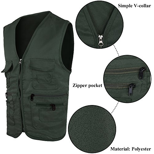 Dilwe Chaleco de Pesca Hombres Transpirable Multi-Bolsillos Aire Libre para Acampar Caza Pesca Fotografía Viajes (XL-Verde Ejército)