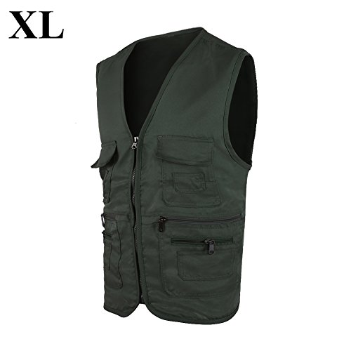 Dilwe Chaleco de Pesca Hombres Transpirable Multi-Bolsillos Aire Libre para Acampar Caza Pesca Fotografía Viajes (XL-Verde Ejército)