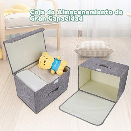 DIMJ Cajas Almacenaje Lavable, Juegos de 2 Cajas Organizadoras con Tapa y Asa, Cubos de Almacenamiento Plegable, Cajas de Tela para Ropa Juguetes Libros