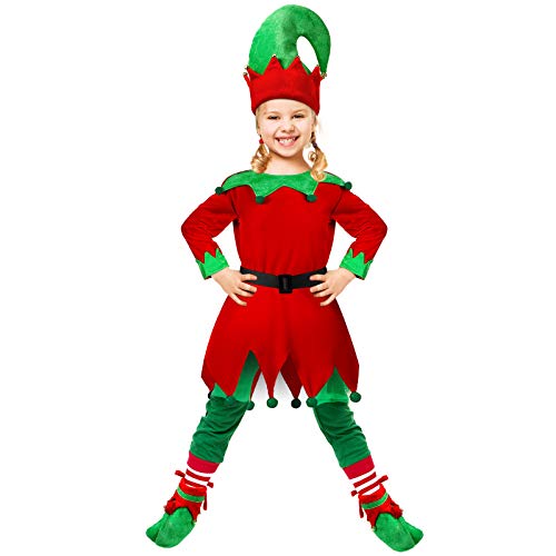 Disfraz de Elfo de Navidad de Niños Disfraz de Ayudante de Papá Noel Navideño Traje Festivo de Navidad para Niñas con Sombrero Zapatos Cinturón Medias a Rayas de Elfo, 7-12 años