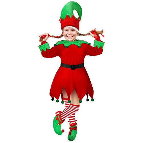Disfraz de Elfo de Navidad de Niños Disfraz de Ayudante de Papá Noel Navideño Traje Festivo de Navidad para Niñas con Sombrero Zapatos Cinturón Medias a Rayas de Elfo, 7-12 años