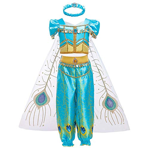 Disfraz de jazmín para niña con lentejuelas Aladdin árabe para danza del vientre, para cumpleaños, Navidad, Halloween, carnaval, cosplay, fiesta