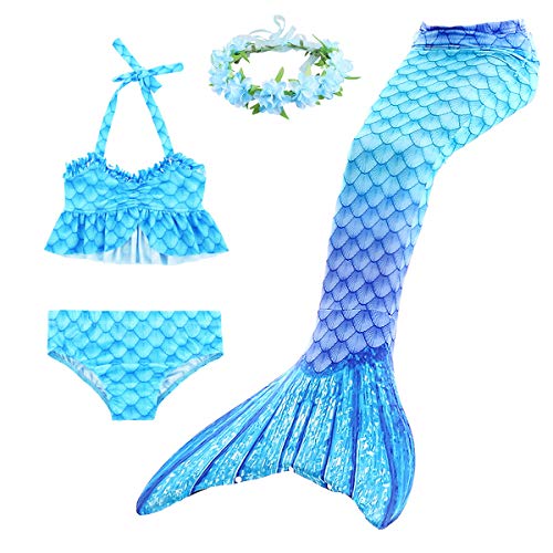 Disfraz de Sirena para Niña Nadar Lindo 3 Piezas Colas de Sirena Cosplay Trajes Tankini y Diademas de Flores