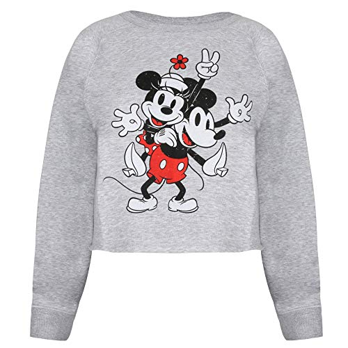 Disney Mickey & Minnie Mouse Peace Cropped Crew Sudadera Recortada, Gris, 40 para Mujer
