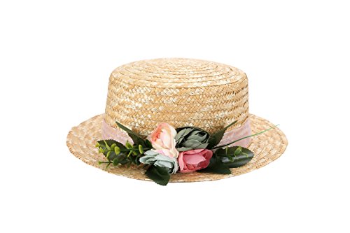 DISOK Sombrero Canotier de Vestir con Cinta y Flores - Ideal para Bodas, Fiestas y Celebraciones, Mujer, Mujeres Originales, con Flores. Baratos Canotier Paja (Precio Unitario) Tocados, invitada