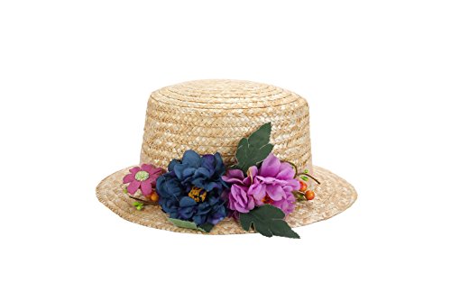 DISOK Sombrero Canotier de Vestir con Cinta y Flores - Ideal para Bodas, Fiestas y Celebraciones, Mujer, Mujeres Originales, con Flores. Baratos Canotier Paja (Precio Unitario) Tocados, invitada