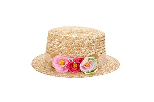 DISOK Sombrero Canotier de Vestir con Cinta y Flores - Ideal para Bodas, Fiestas y Celebraciones, Mujer, Mujeres Originales, con Flores. Baratos Canotier Paja (Precio Unitario) Tocados, invitada