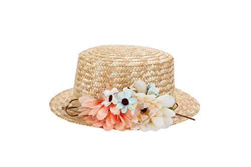 DISOK Sombrero Canotier de Vestir con Cinta y Flores - Ideal para Bodas, Fiestas y Celebraciones, Mujer, Mujeres Originales, con Flores. Baratos Canotier Paja (Precio Unitario) Tocados, invitada