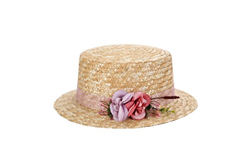 DISOK Sombrero Canotier de Vestir con Cinta y Flores - Ideal para Bodas, Fiestas y Celebraciones, Mujer, Mujeres Originales, con Flores. Baratos Canotier Paja (Precio Unitario) Tocados, invitada