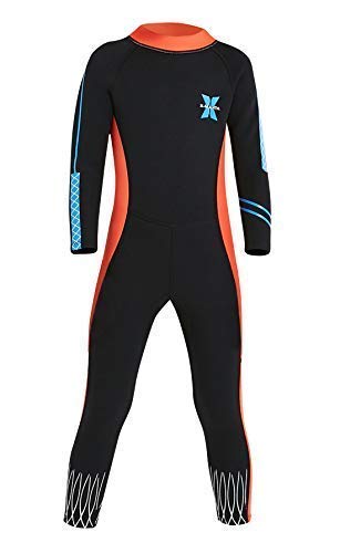DIVE&SAIL - Mono de Neopreno para Niñas Actividades Acuáticas Traje de Neopreno con Cremallera Anti-UV Elástica Maillot de Buceo con Mangas Largas - Negro Naranja - Talla S