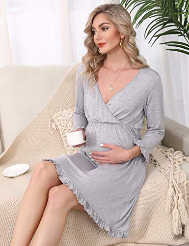Doaraha Camisón Lactancia Algodón Mujer Ropa de Dormir Premamá Hospital Vestido de Maternidad Embarazo Pijama Embarazadas Camisones Embarazada Manga Corta 3/4 Suave (Gris, S)