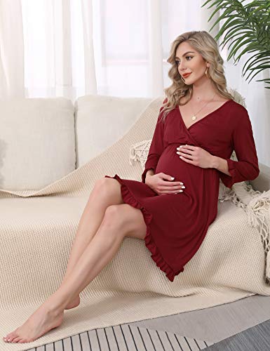 Doaraha Camisón Lactancia Algodón Mujer Ropa de Dormir Premamá Hospital Vestido de Maternidad Embarazo Pijama Embarazadas Camisones Embarazada Manga Corta 3/4 Suave (Rojo, S)