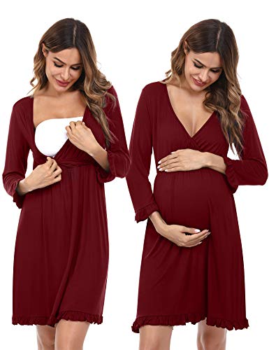 Doaraha Camisón Lactancia Algodón Mujer Ropa de Dormir Premamá Hospital Vestido de Maternidad Embarazo Pijama Embarazadas Camisones Embarazada Manga Corta 3/4 Suave (Rojo, S)