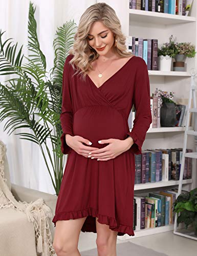 Doaraha Camisón Lactancia Algodón Mujer Ropa de Dormir Premamá Hospital Vestido de Maternidad Embarazo Pijama Embarazadas Camisones Embarazada Manga Corta 3/4 Suave (Gris, S)